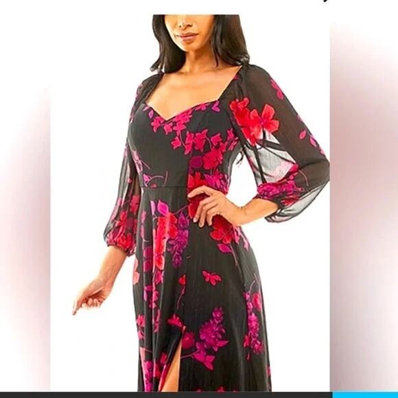 Rebecca B. Women’s Sz 12 3/4 Sheer Sleeve Floral Maxi Dress Black Red Formal - Picture 1 of 10